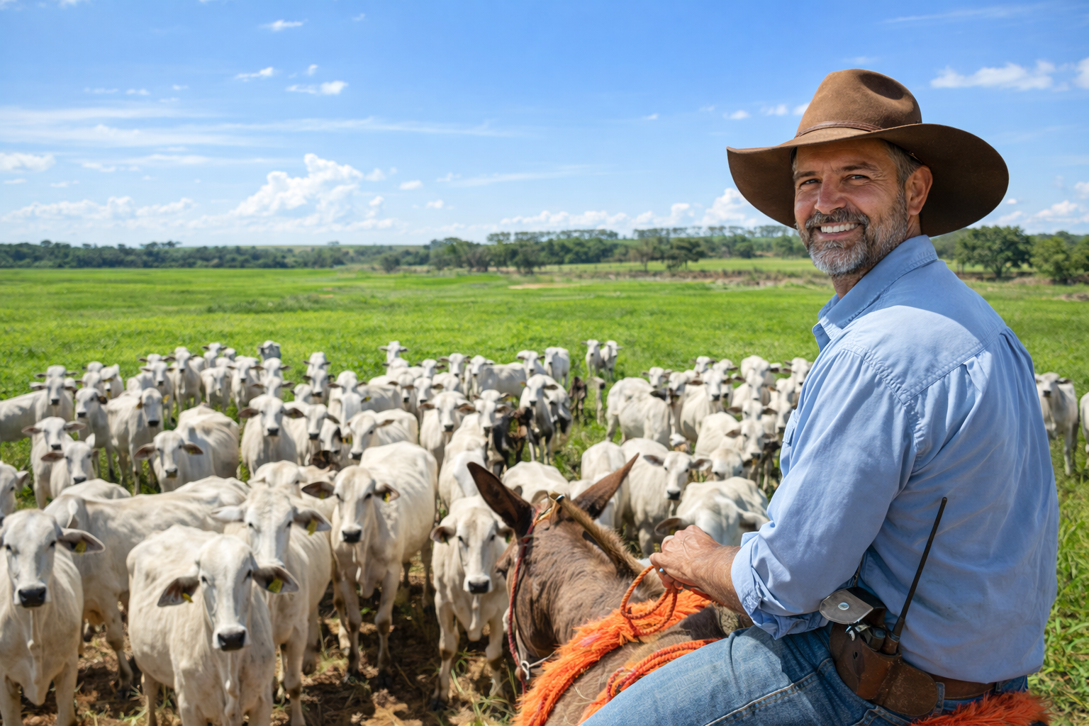 Produtor a cavalo com lote de gado